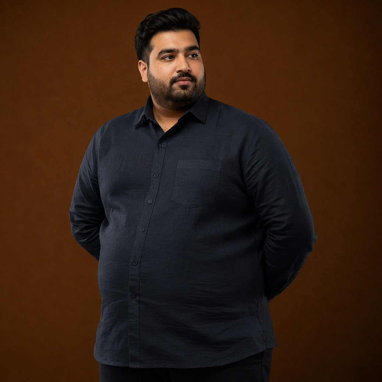 Midnight Navy Blue 100% Linen Full Sleeves Plus Size Shirt