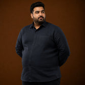 Front view of Midnight Navy Blue 100% linen full sleeves plus size shirt