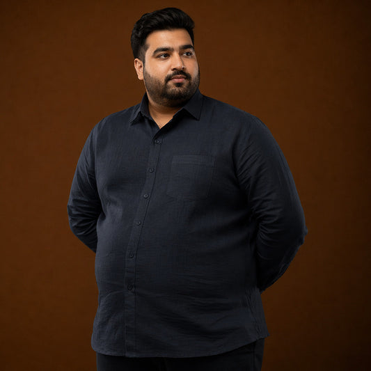 Midnight Navy Blue 100% Linen Full Sleeves Plus Size Shirt