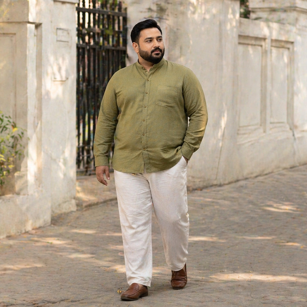 Olive Green 100% Linen Mandarin Collar Full Sleeve Plus Size Shirt