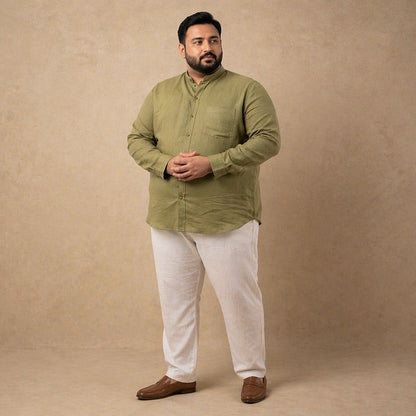Olive Green 100% Linen Mandarin Collar Full Sleeve Plus Size Shirt