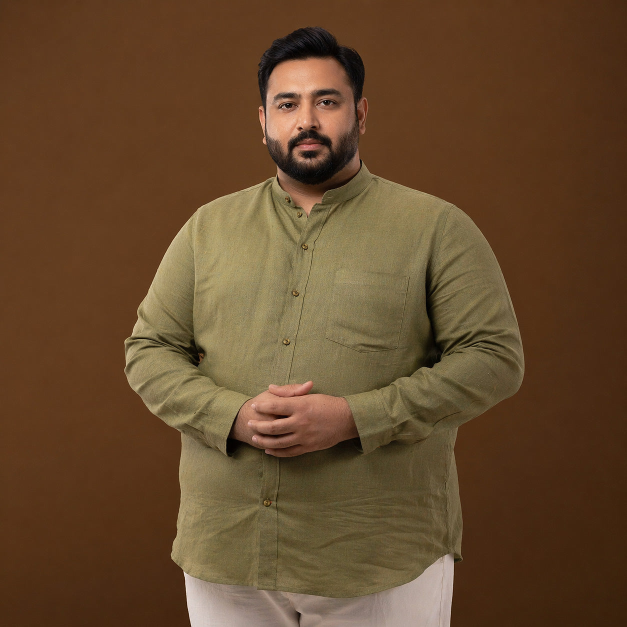 Olive Green 100% Linen Mandarin Collar Full Sleeve Plus Size Shirt