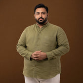 Front view of olive green linen mandarin collar shirt