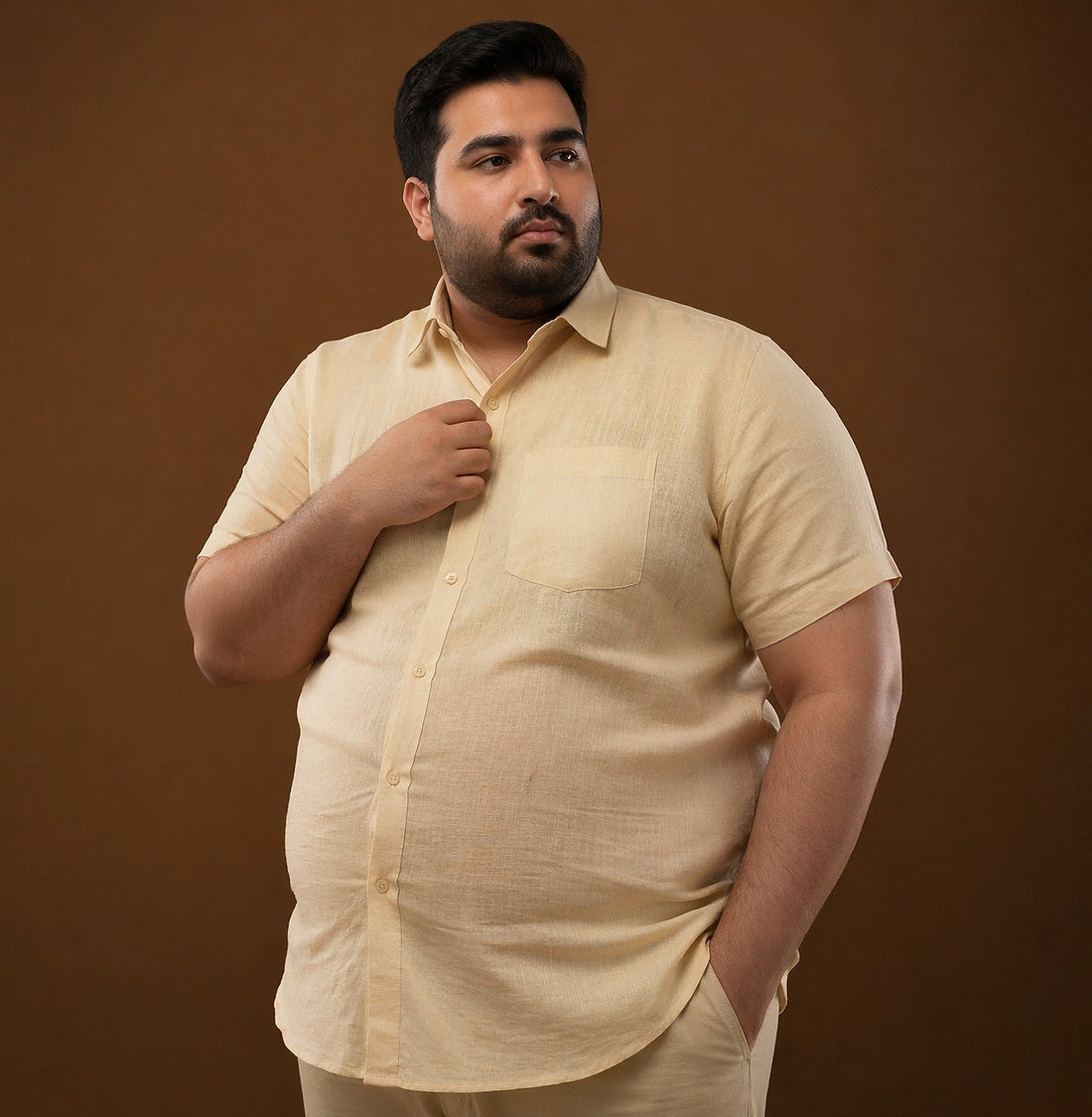 Front view of Solid Sand Beige 100% Linen Half Sleeve Plus Size Shirt