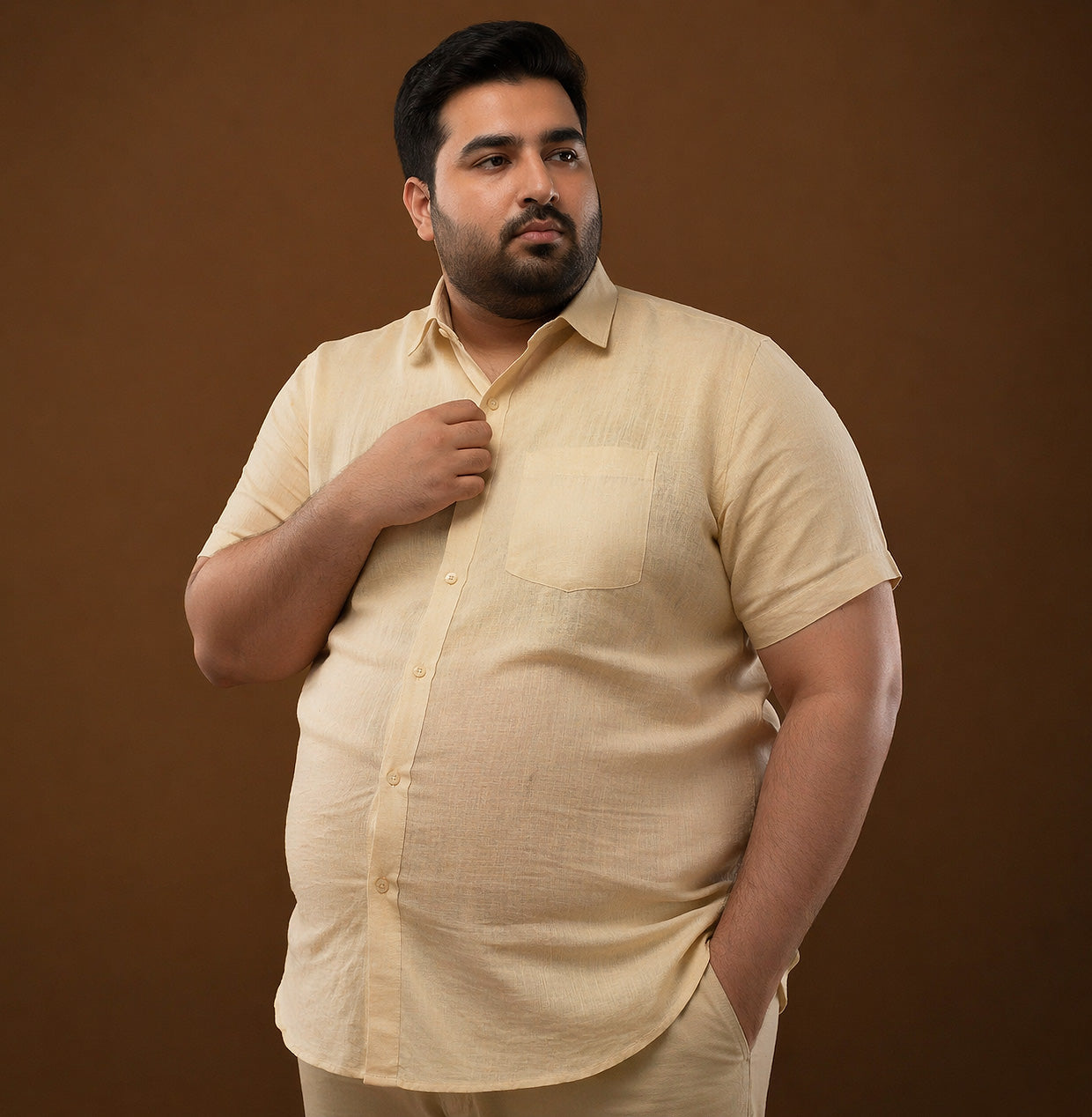 Solid Sand Beige 100% Linen Half Sleeve Plus Size Shirt