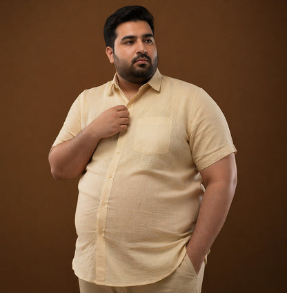 Solid Sand Beige 100% Linen Half Sleeve Plus Size Shirt