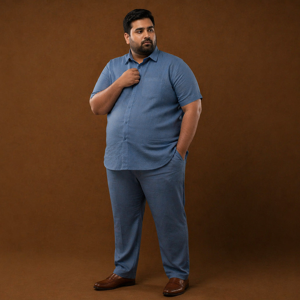 Steel Blue 100% Linen Half Sleeves Plus Size Shirt