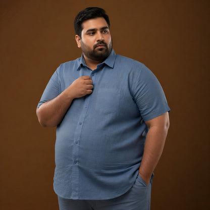 Steel Blue 100% Linen Half Sleeves Plus Size Shirt