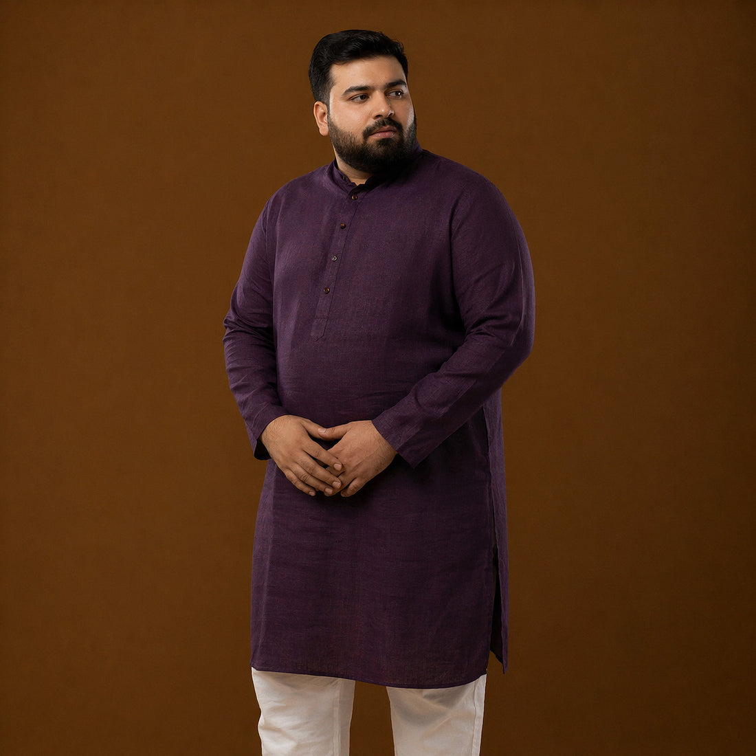 Front view of plus size royal wine 100% linen long kurta