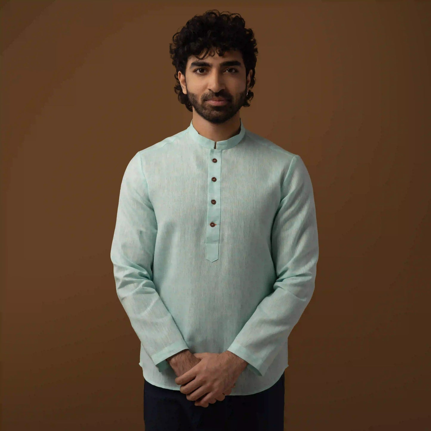 Soft Green Cotton Linen Mandarin Collar Short Kurta