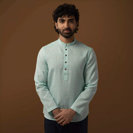 Soft Green Cotton Linen Mandarin Collar Short Kurta