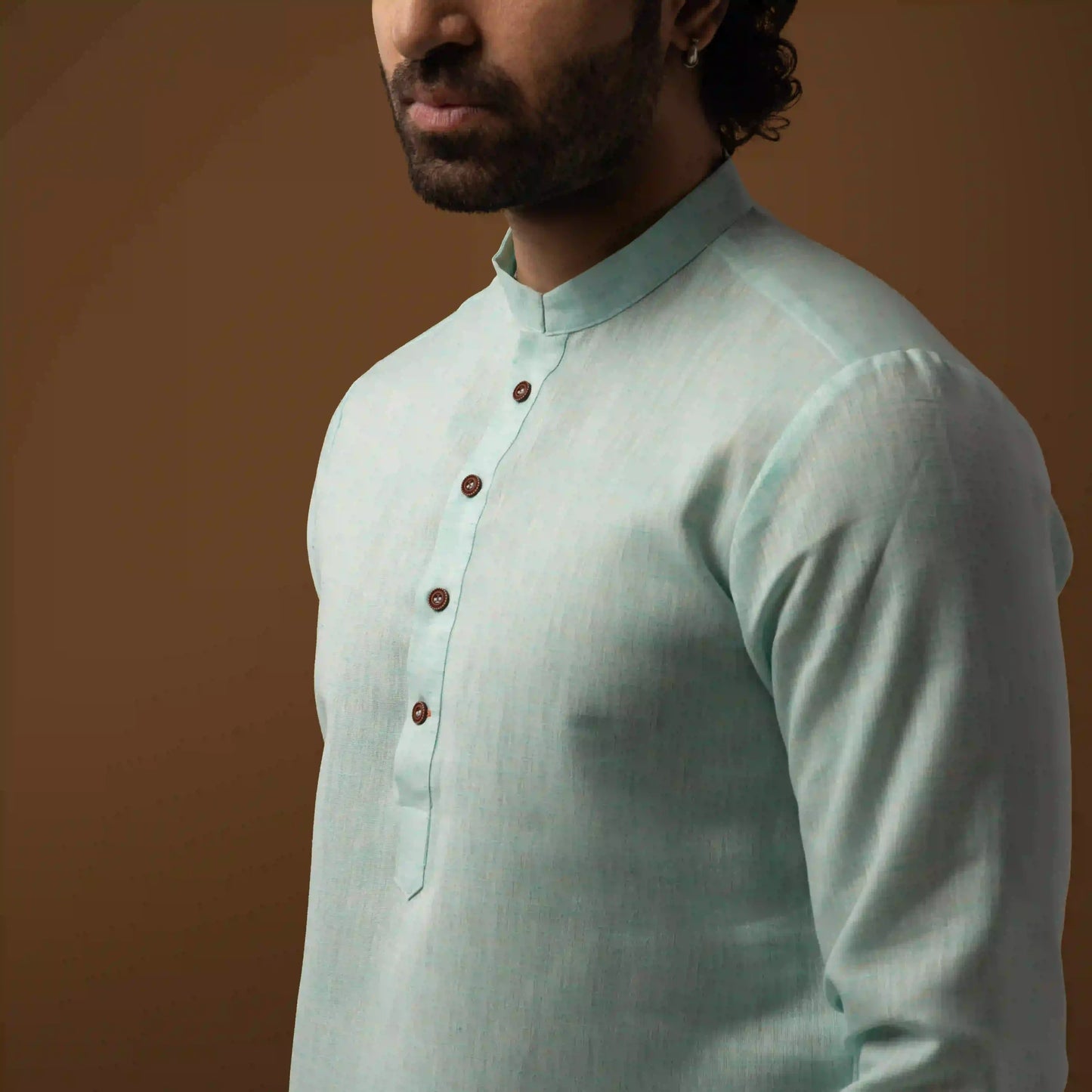 Soft Green Cotton Linen Mandarin Collar Short Kurta