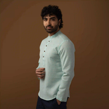 Soft Green Cotton Linen Mandarin Collar Short Kurta
