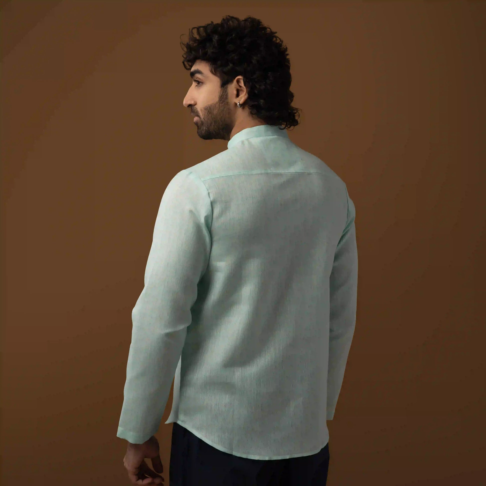 Soft Green Cotton Linen Mandarin Collar Short Kurta
