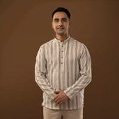Front view of stone grey striped mandarin collar short kurta