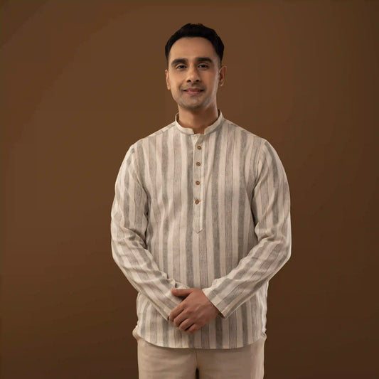 Stone Grey Striped Mandarin Collar Short Kurta
