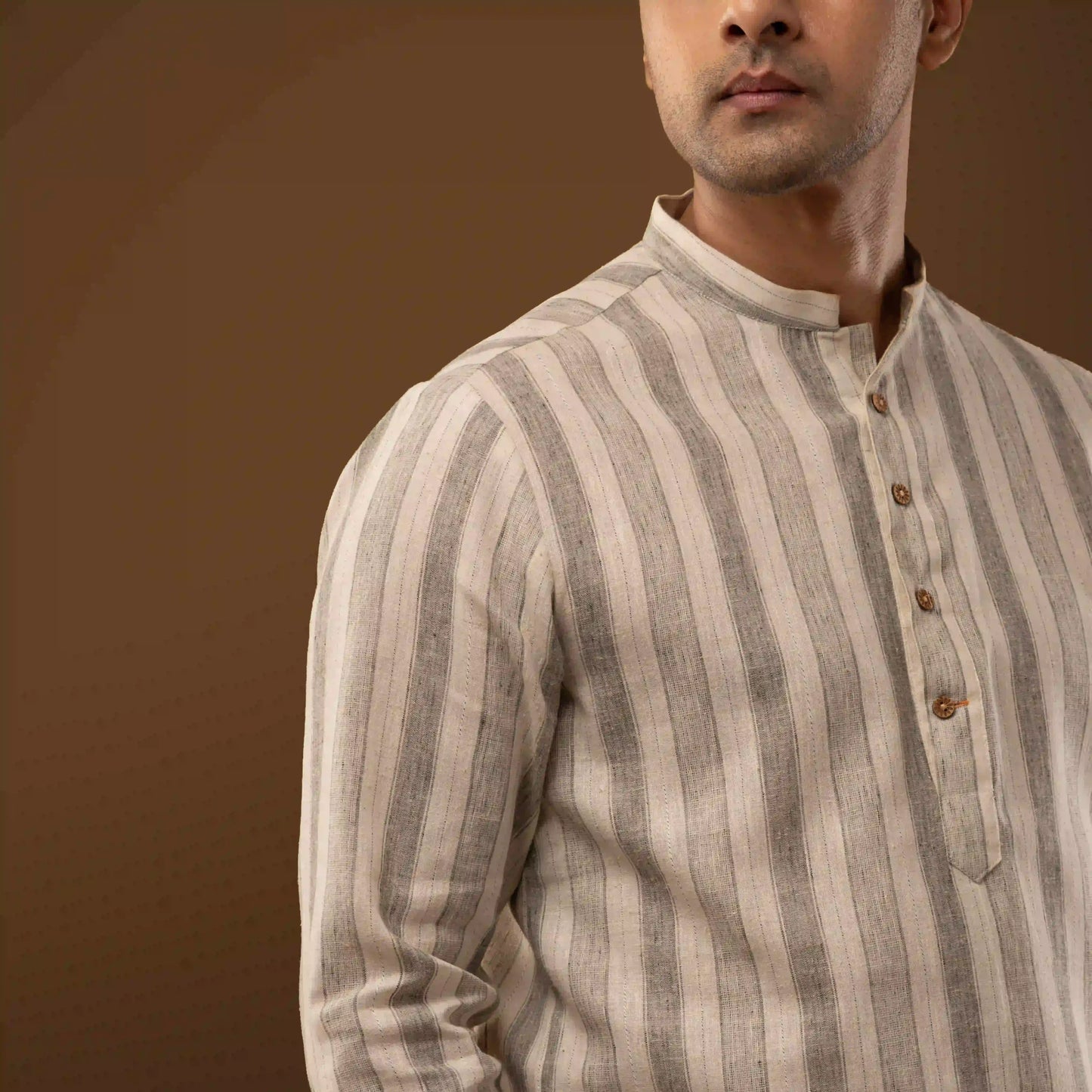 Stone Grey Striped Mandarin Collar Short Kurta