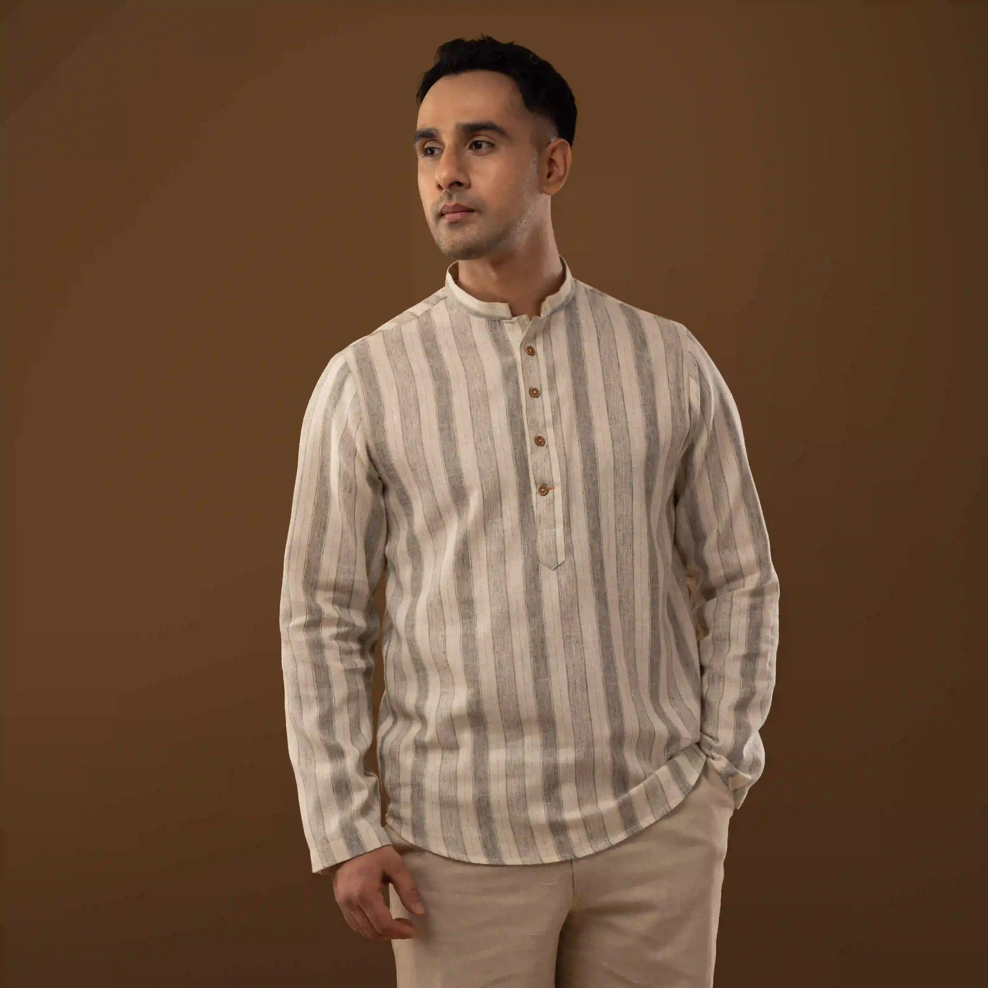Stone Grey Striped Mandarin Collar Short Kurta