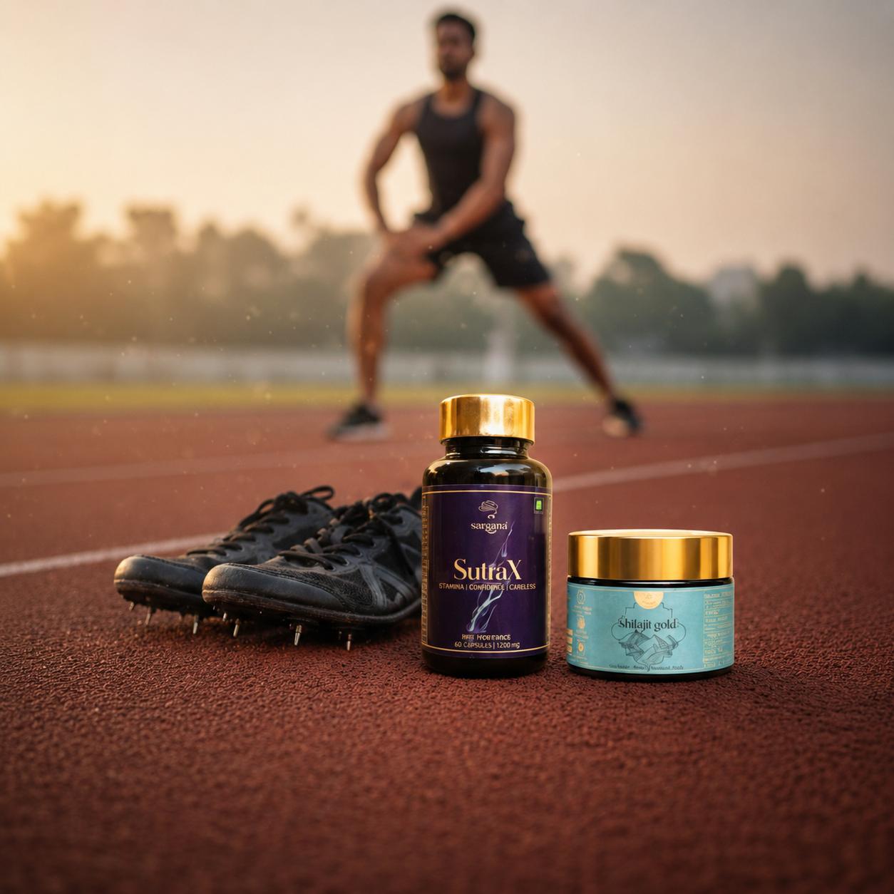 SutraX and Shilajit Gold on a running track at sunrise